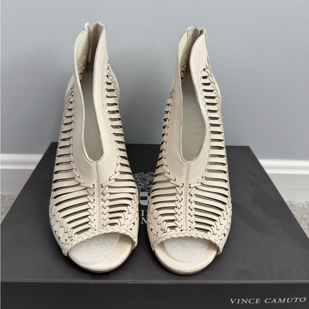 Vince Camuto Cream Woven Peep-Toe Booties
